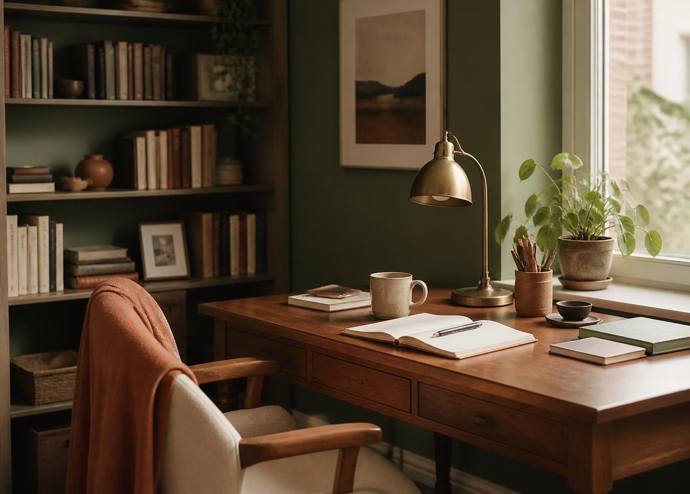 A quiet home office with a wooden desk, bookshelf and warm morning light