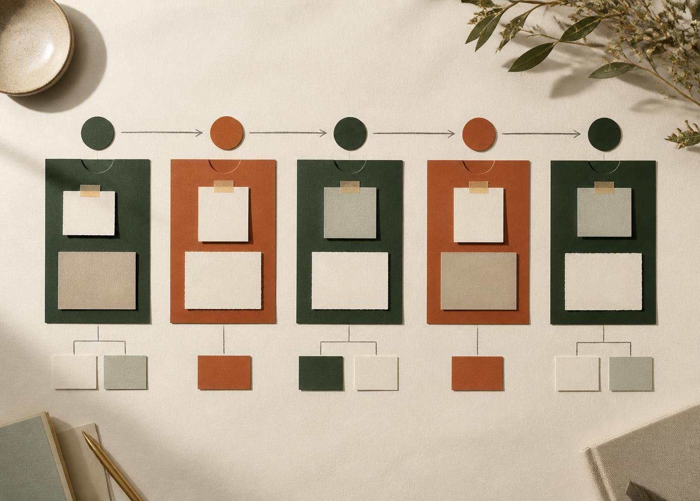 Paper cards connected by pencil lines