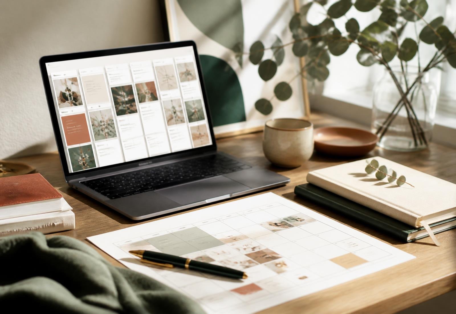 A calm content-planning desk with a laptop showing a content workspace, a printed editorial calendar and notebooks