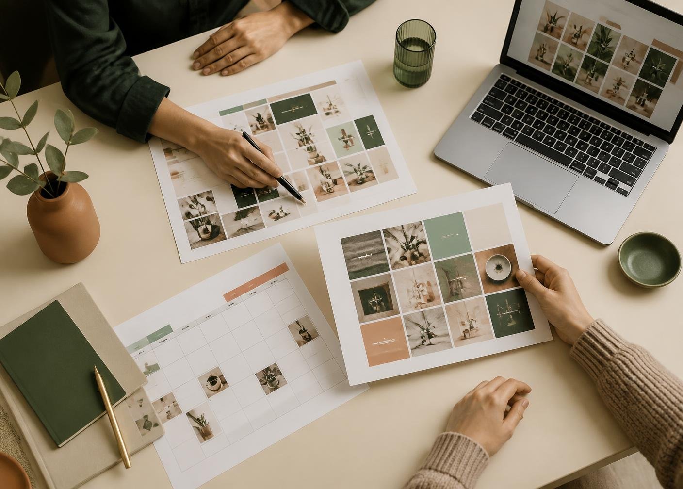 Two people reviewing printed content plans and an editorial calendar at a light table